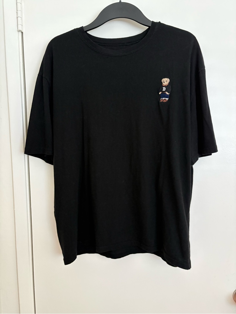 Black Tee with Embroidered Bear - Casual Crew Neck Shirt